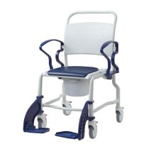 Sedia da Doccia e WC XL con Ruote, Seduta Extra Large, Braccioli e Poggiapiedi Reclinabili, Struttura Anti-Corrosione, Secchio Igienico, Portata 150 kg