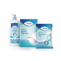 Kit Igiene a Letto: TENA Crema Detergente 3 in 1 + Manopole Monouso Morbide + Cuffia Shampoo Senza Risciacquo