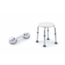 Kit Sicurezza Bagno: Sgabello Doccia Circolare Regolabile Ausilium + Maniglione di Sostegno a Ventosa 29 cm